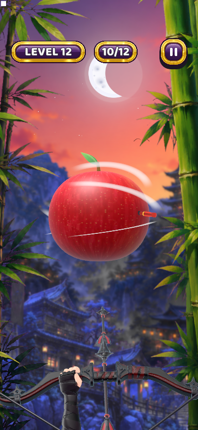 The apple swings like a pendulum while arrows fly