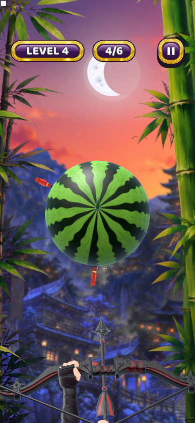 A watermelon carrying stuck arrows mid-run
